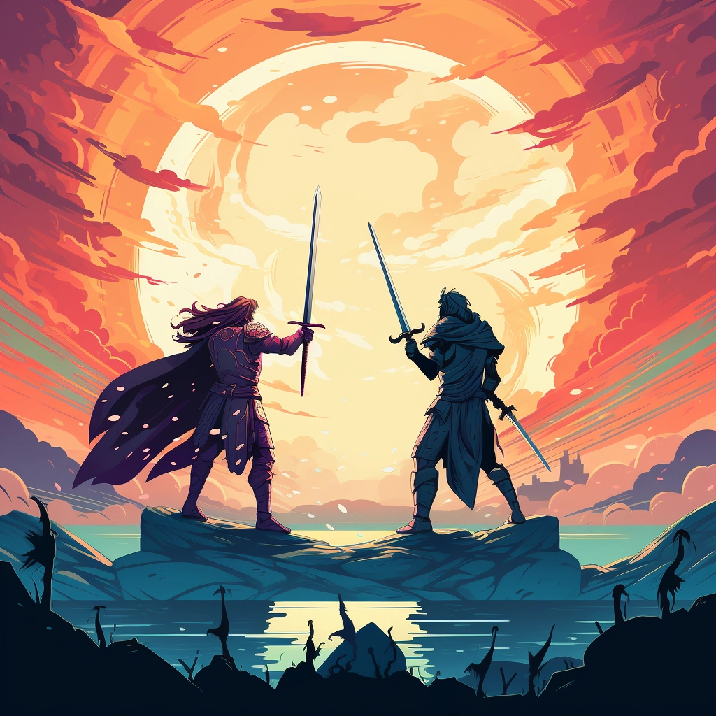 A beautiful illustration of two knights fighting dis