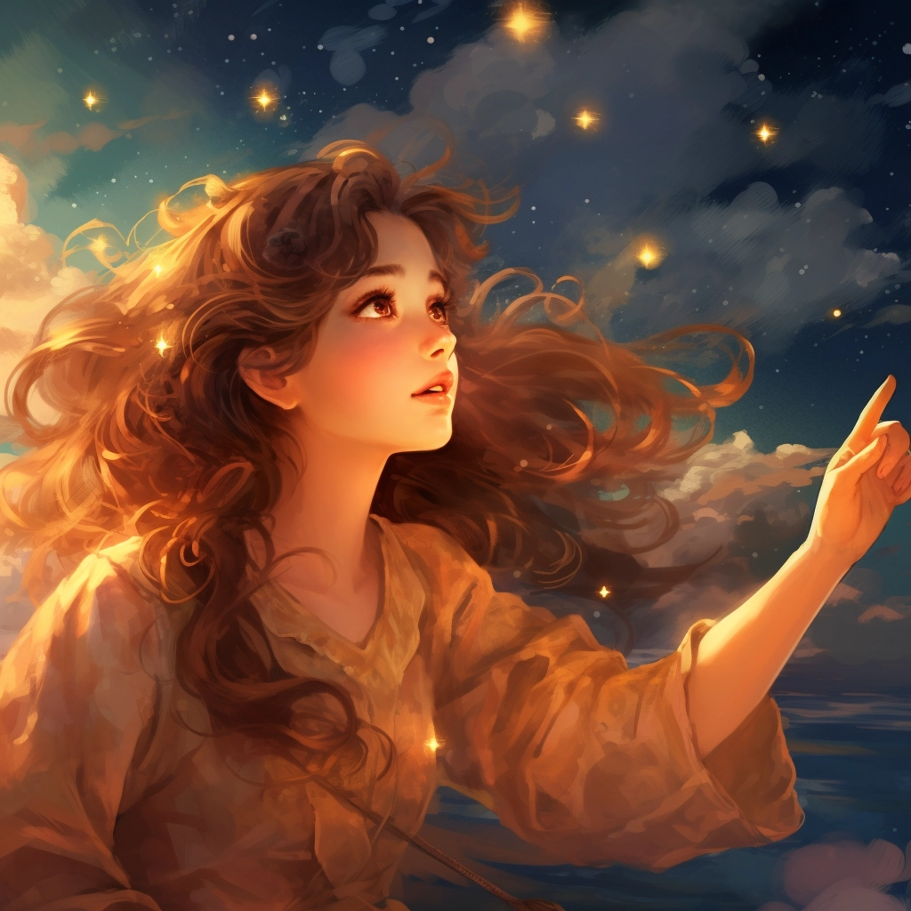 A girl pointing out stars as they down on her from t