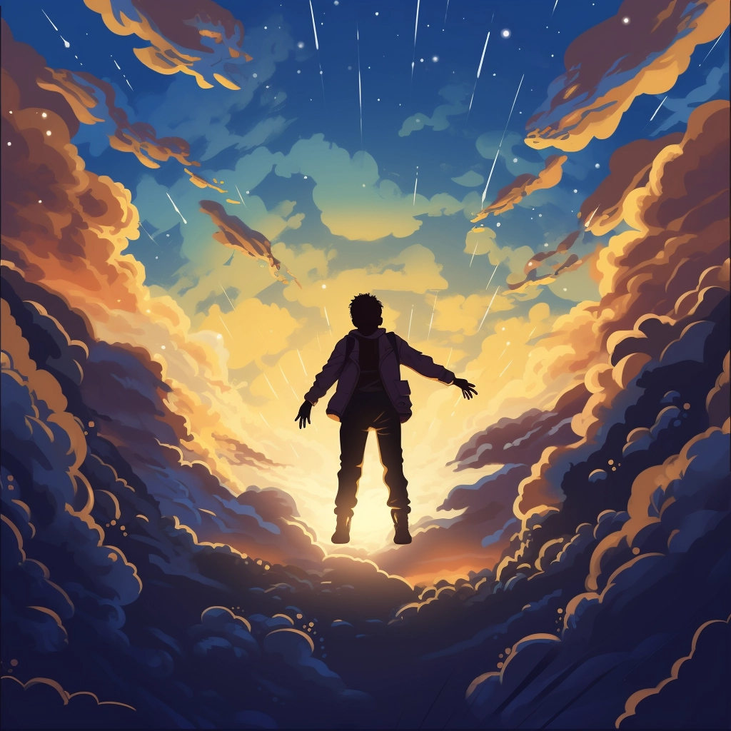 Silhouette of man flying under clouds in the style o