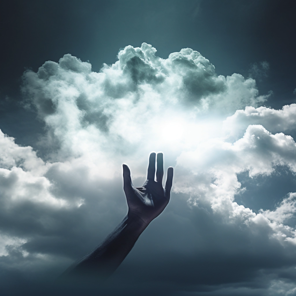 Silhouette of a hand reaching out of a cloud  