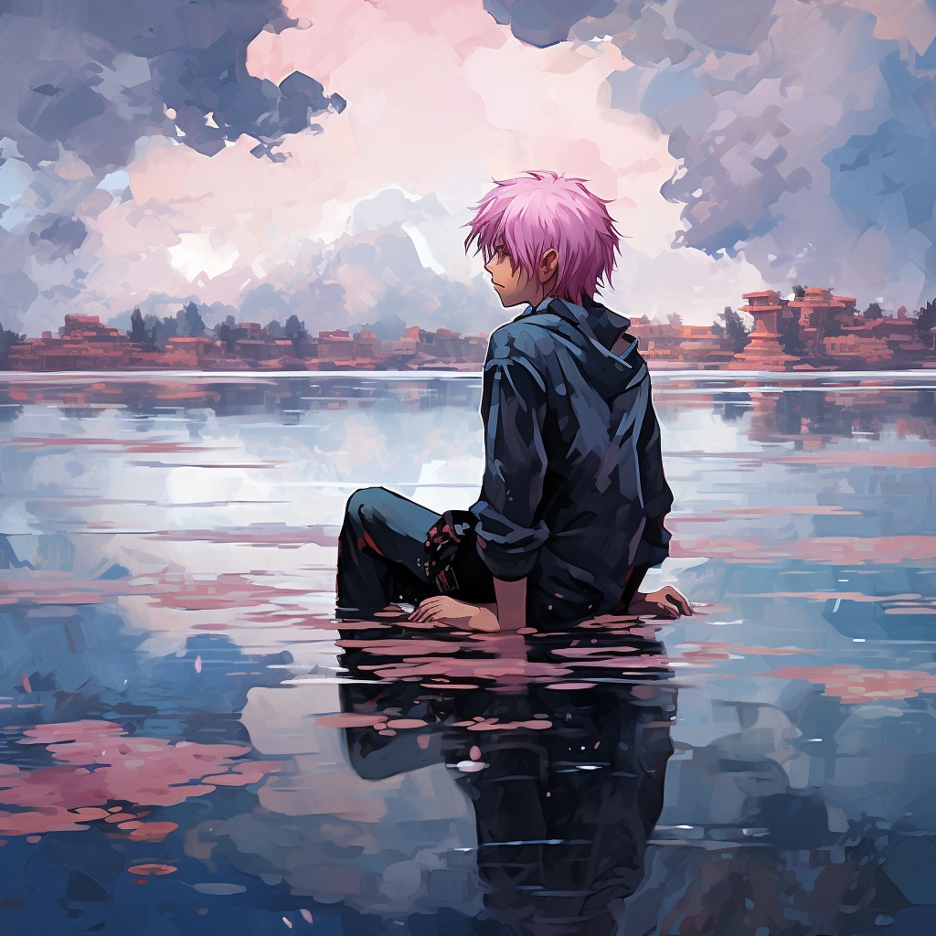 A boy has pink hair sitting in the water with pink w