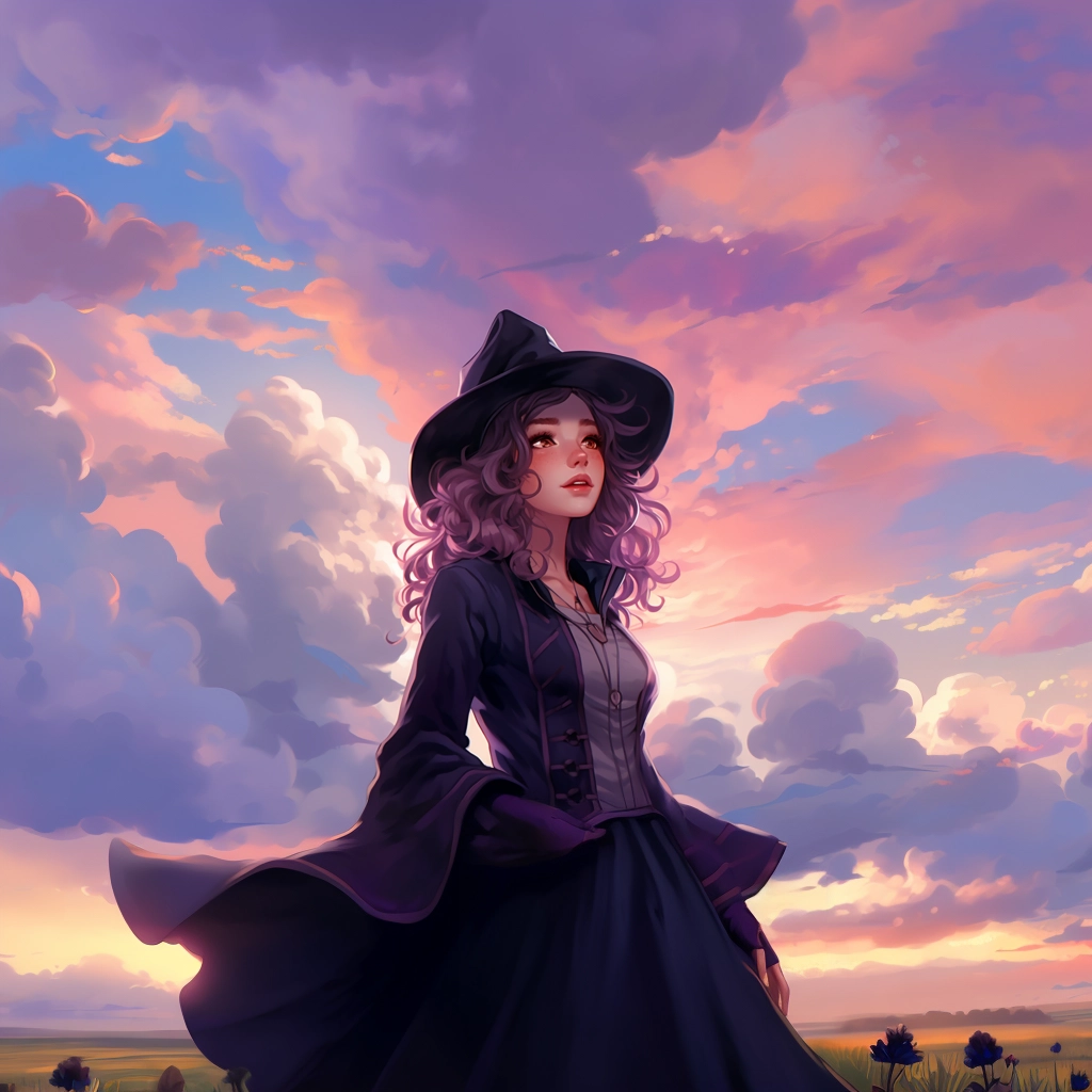 A girl wearing a black hat as sky fills with clouds