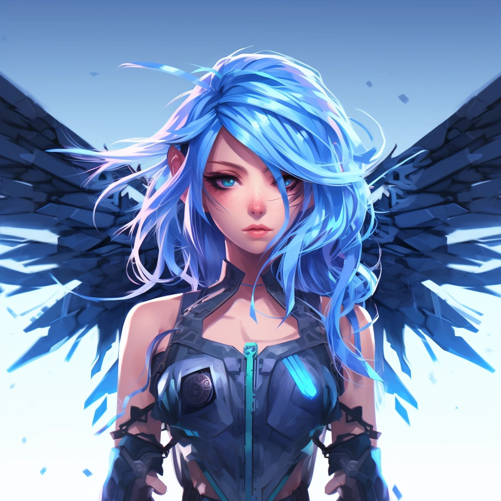 Cyberpunk anime fairy with blue hair and wings 2D ve