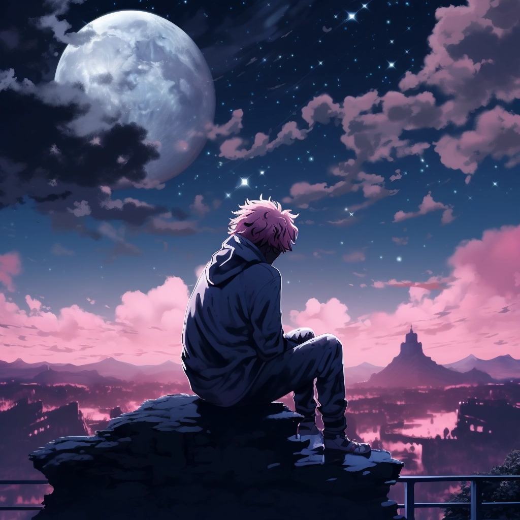 A boy sitting under the night sky with pink hair in