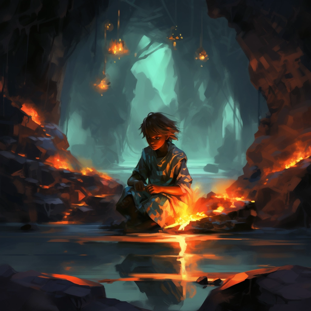 A character sitting on the ground next to a cave ful