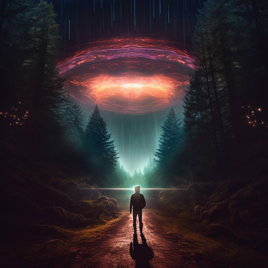 A woman walks through the woods with an alien in the