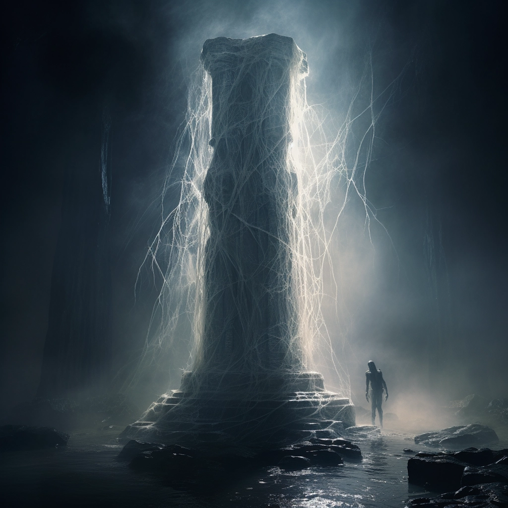 3d spiderwebs on a stone pillar in the style of ethe