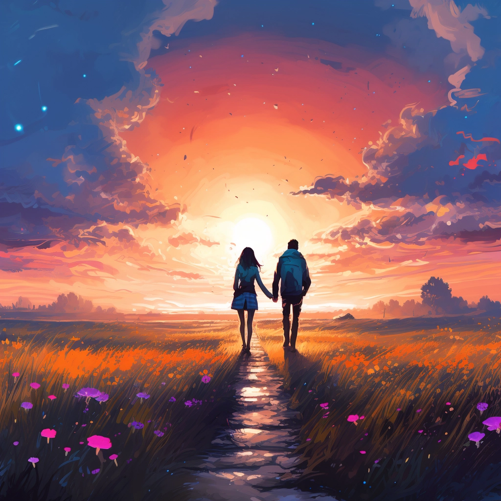 Two anime people walking at the end of a pathway in