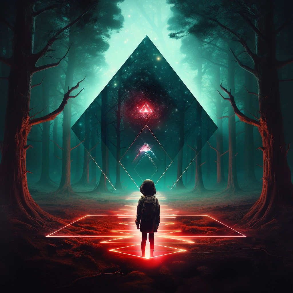 A little girl standing in a forest near a large glow