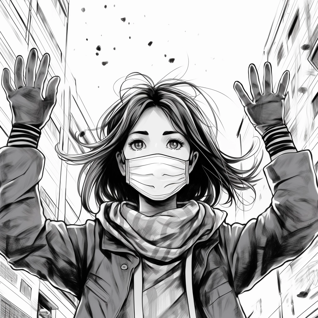 The girl is wearing a surgical mask with her hands i