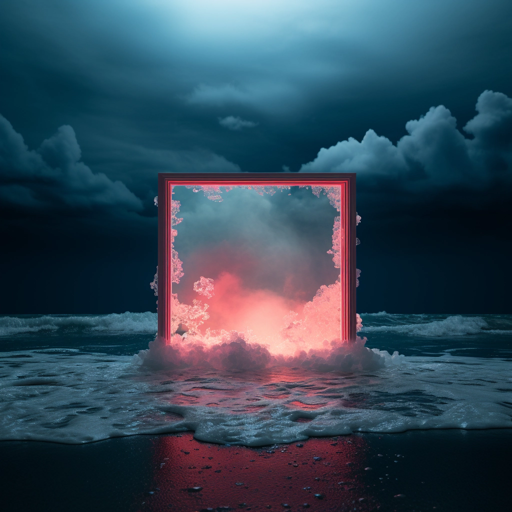 An underwater white sculpture with a frame and glowi