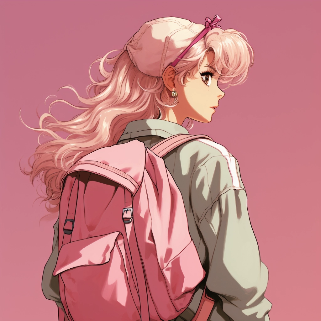 Anime girl in pink standing near her backpack in the