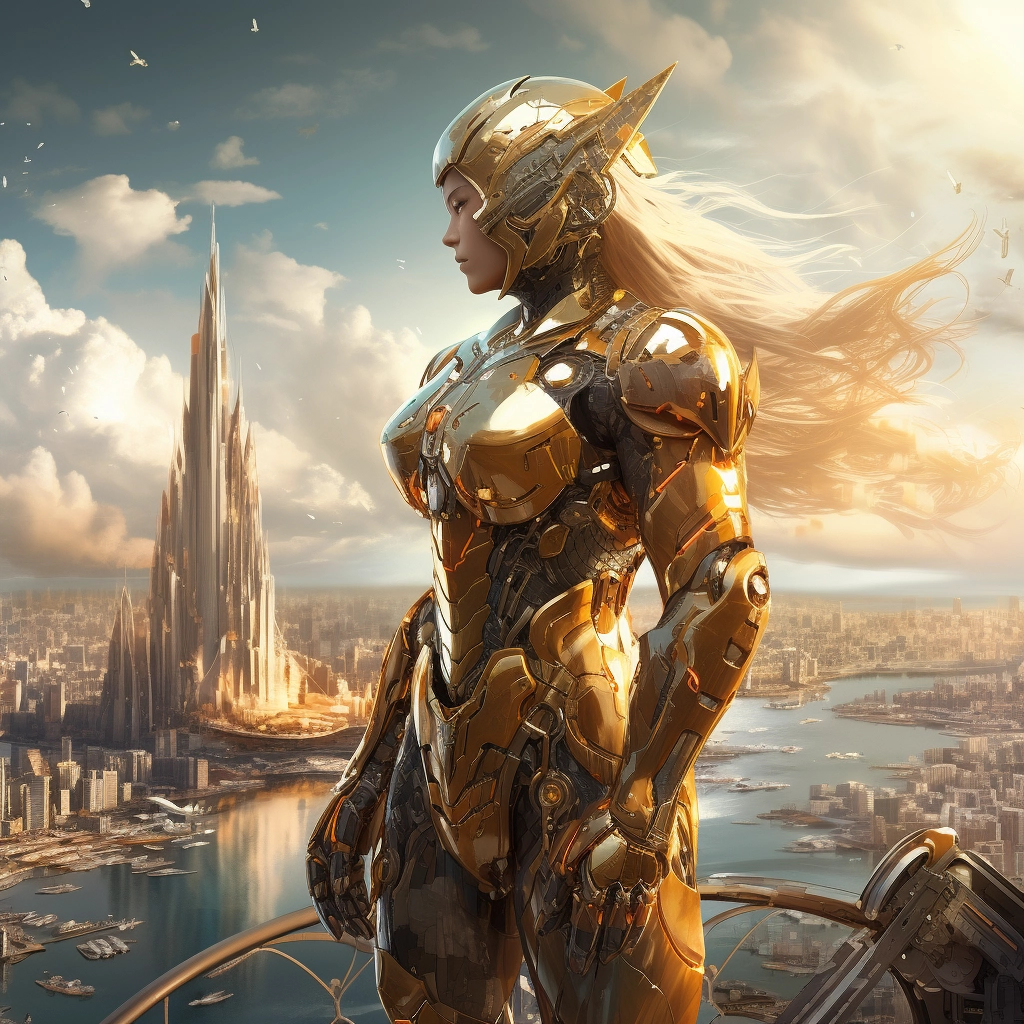 Golden armor and futuristic gear with skyline view w