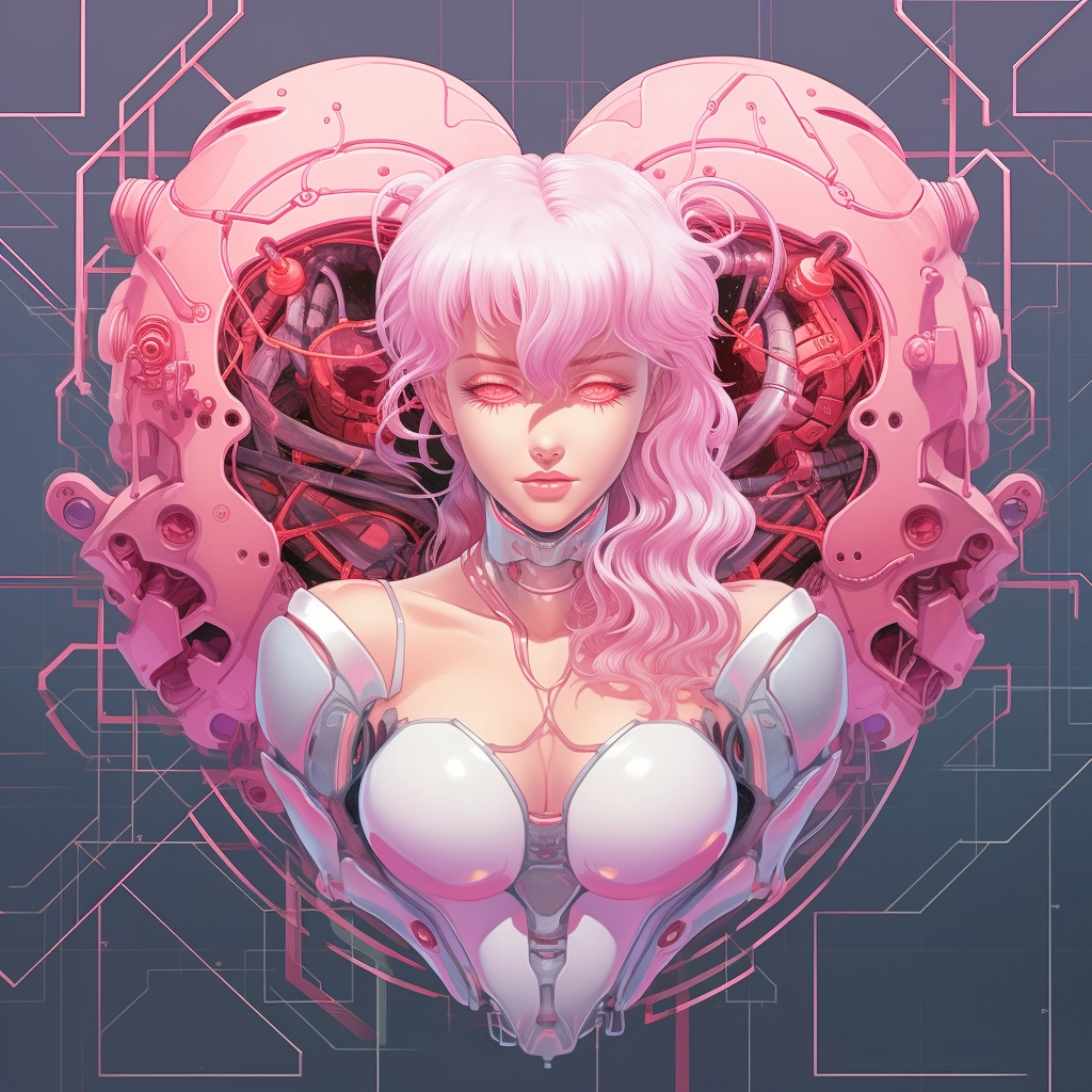 Synthetic heart in the style of 1990s retro anime