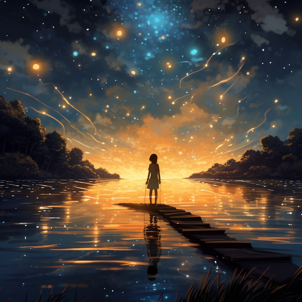 A girl standing at the edge of a lake with many star
