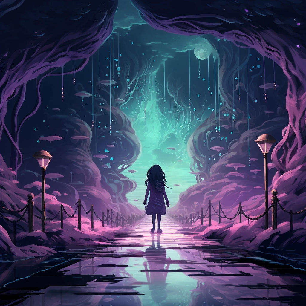 A character walking down a walkway with dark colors