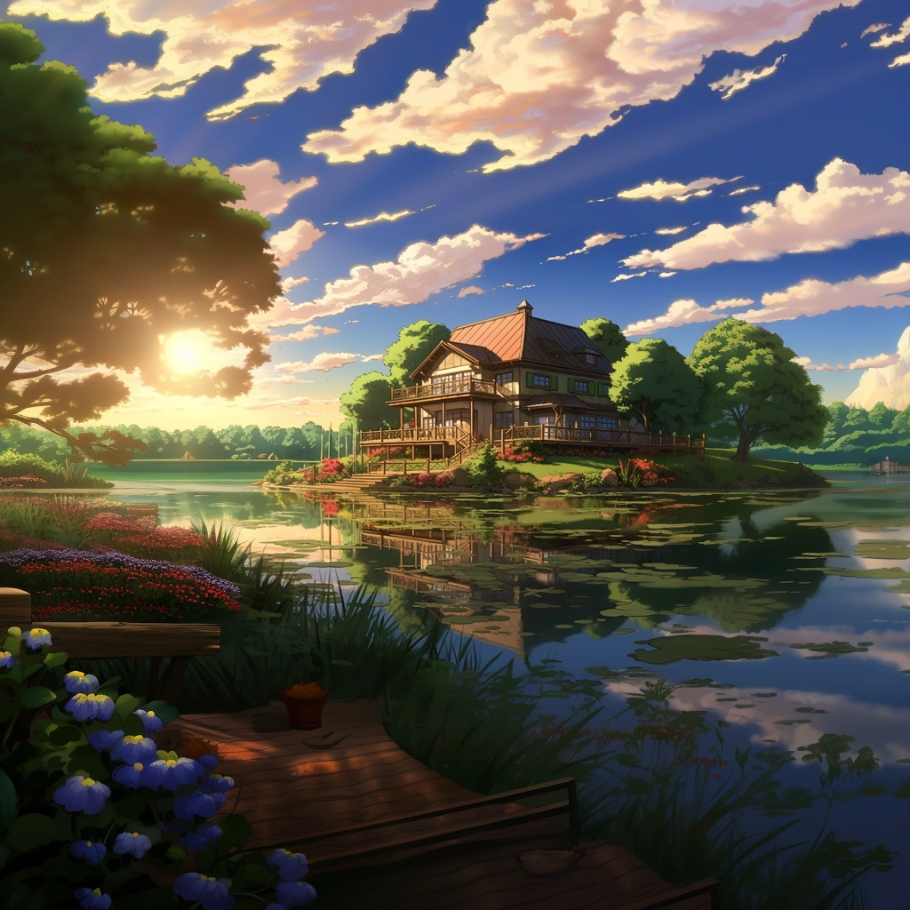 Anime lakehouse reflecting off of water HDR beautifu