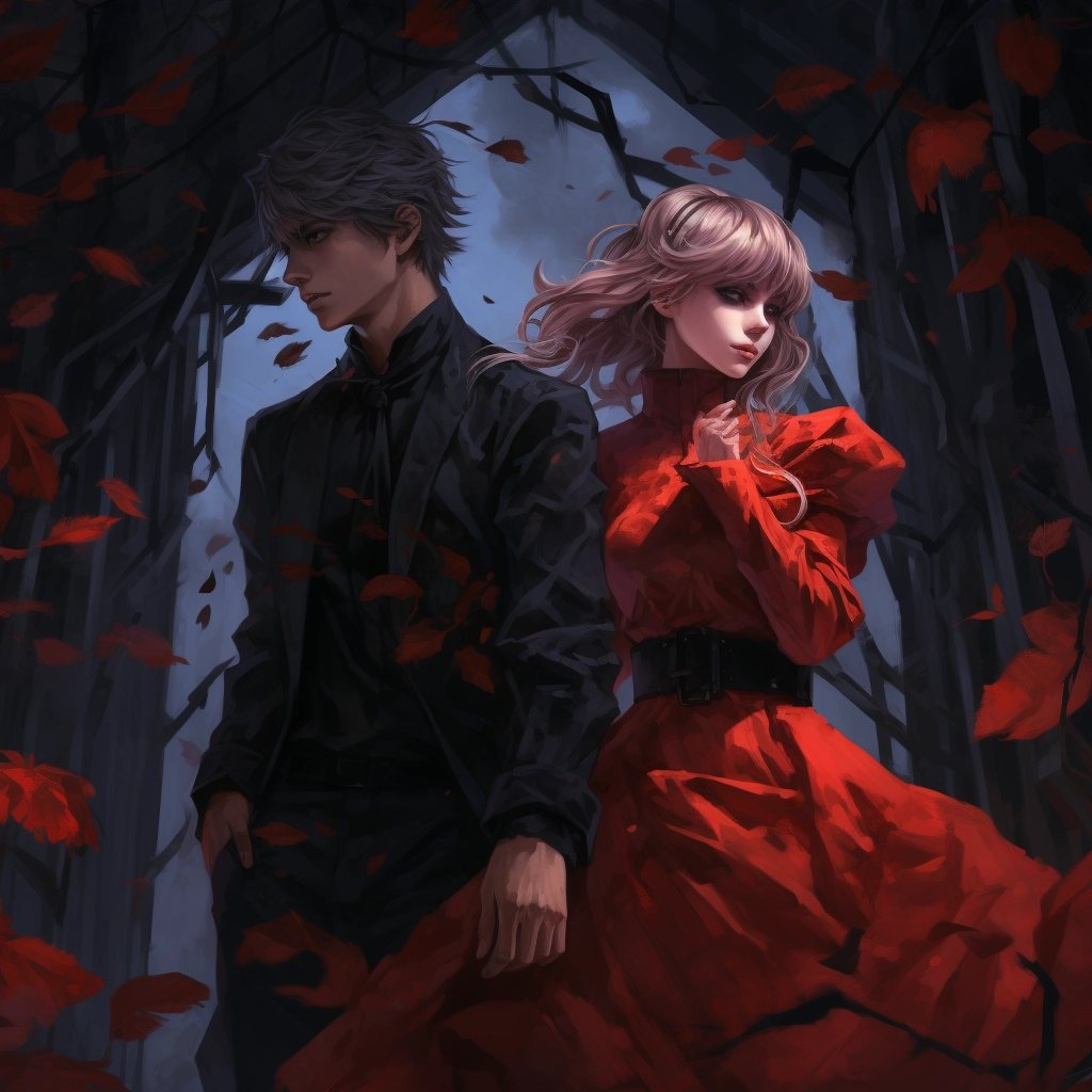 A couple in red outfits holds hands in a red park in
