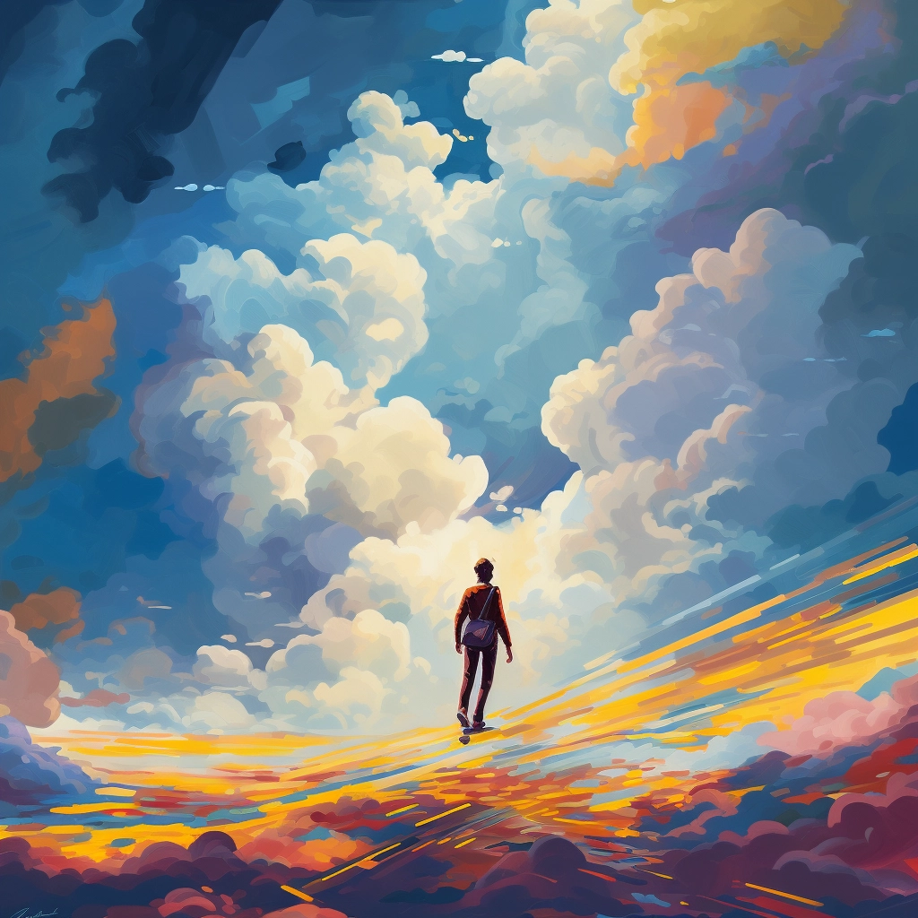 A man is airwalking in the sky among clouds in the s