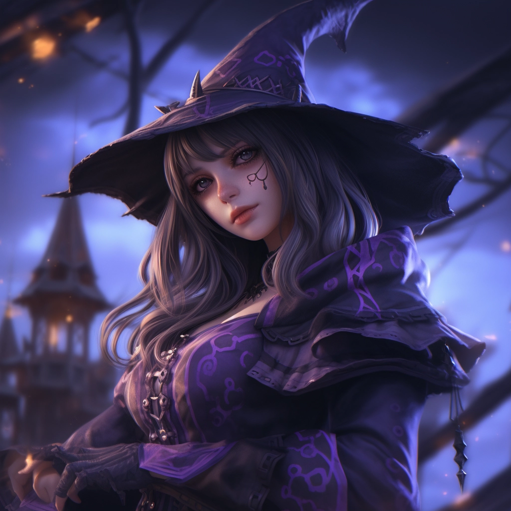 Fantasy anime girl witch vibes 32k UHD purple  white