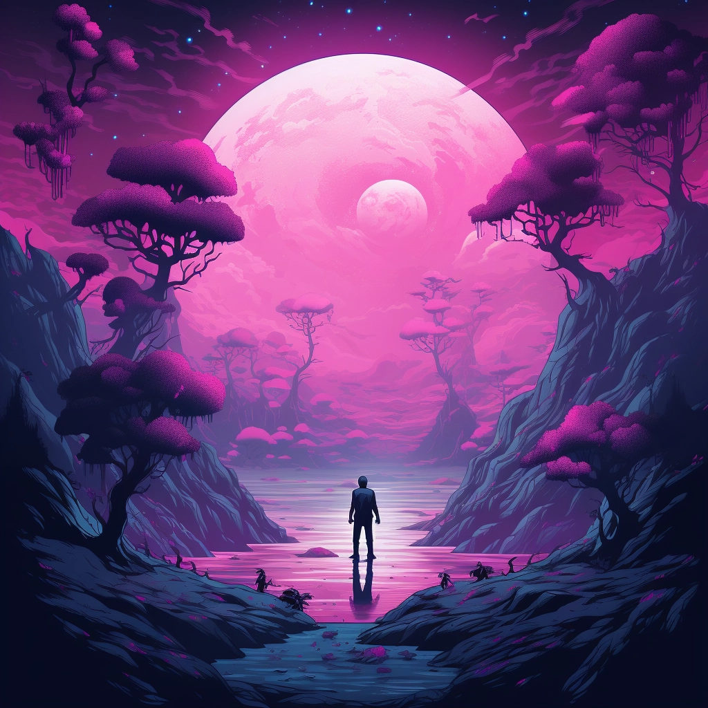 Scifi fantasy illustration of a man in the middle of