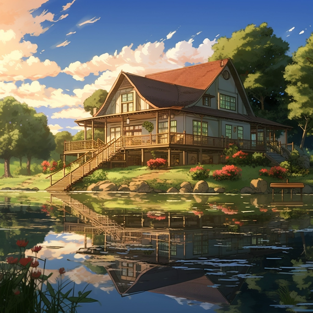 Anime lakehouse reflecting off of water HDR beautifu