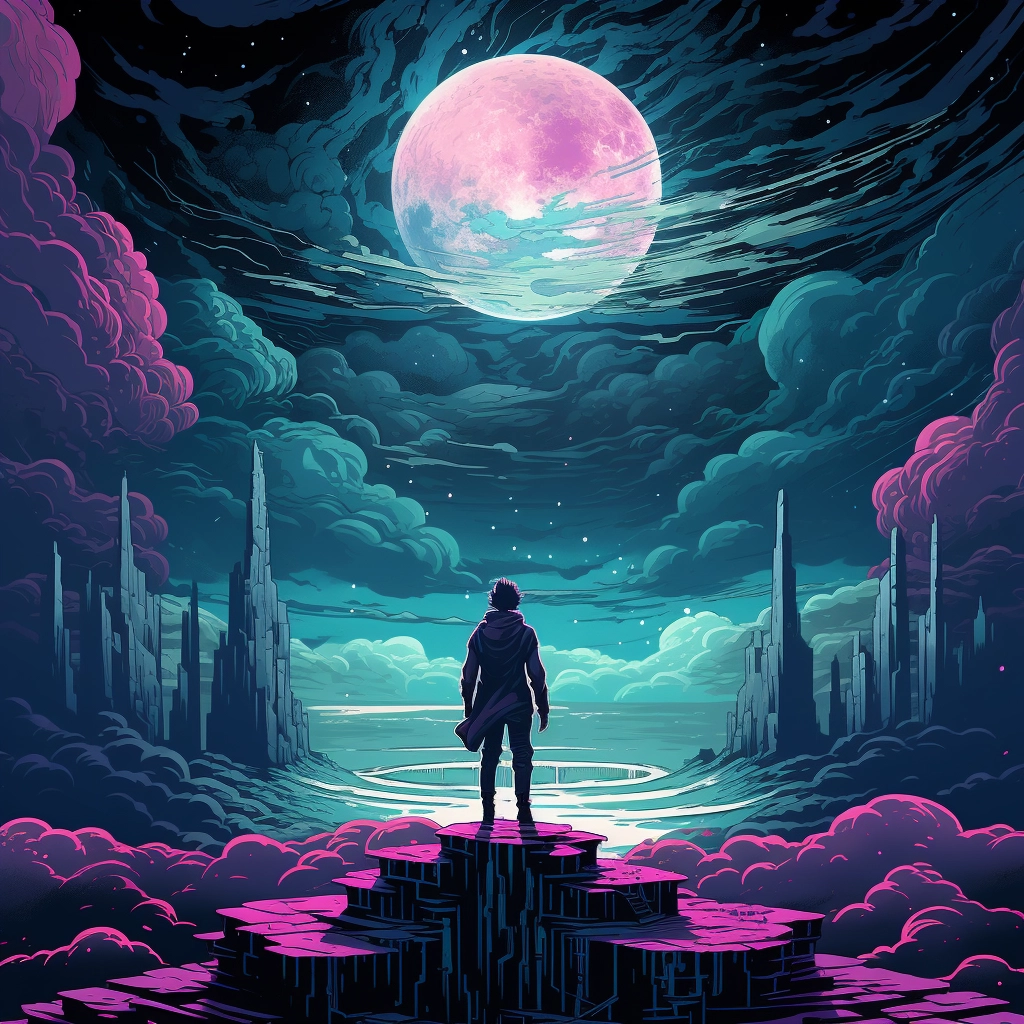 The sky is full of moon and a man is standing on a p