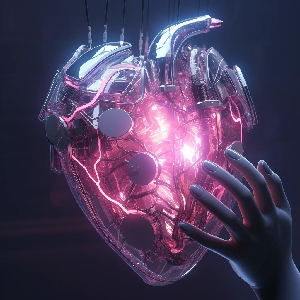 Synthetic heart being held in a robotic hand in the