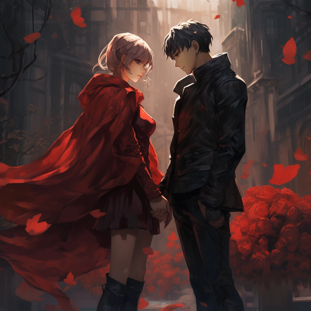 A couple in red outfits holds hands in a red park in
