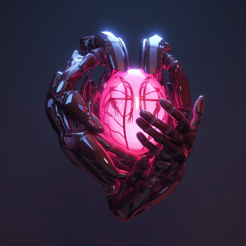 Synthetic heart being held in a robotic hand in the