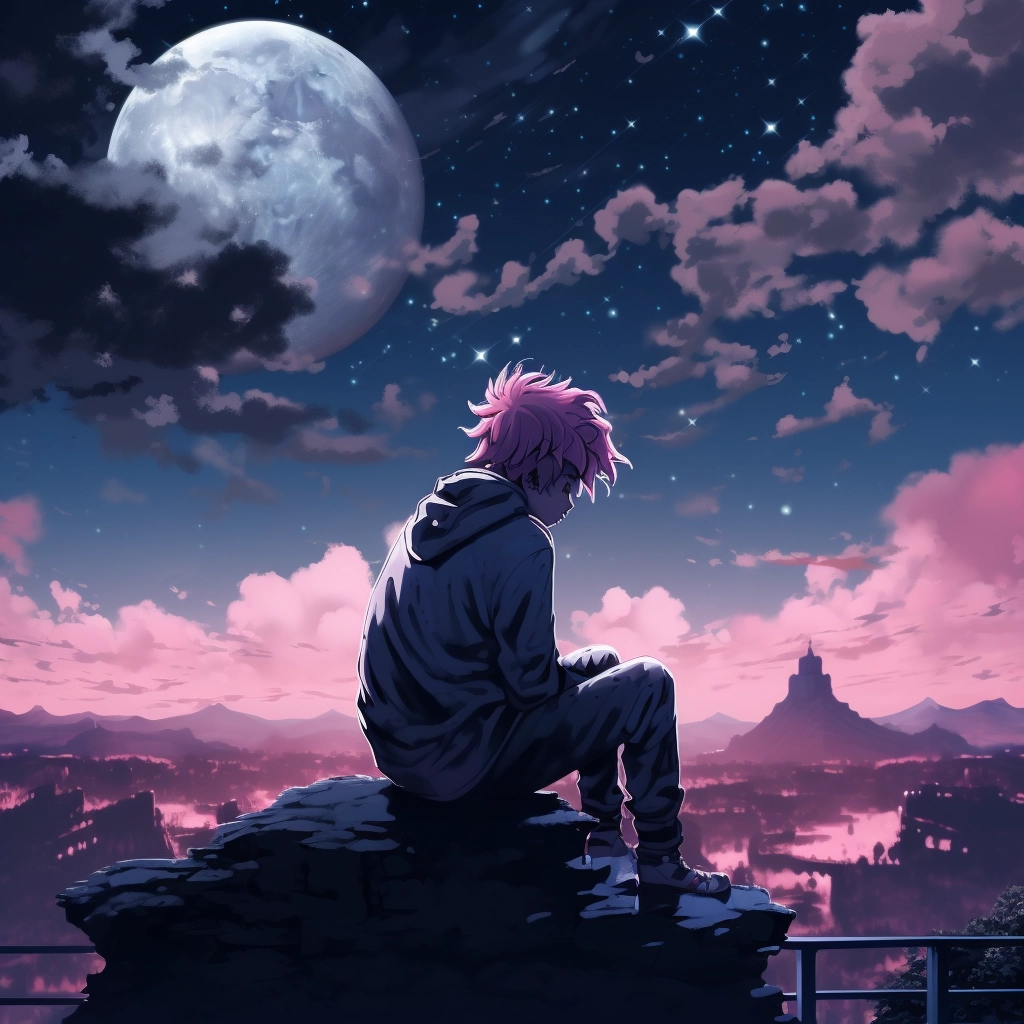 A boy sitting under the night sky with pink hair in