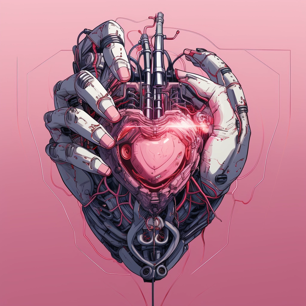 Synthetic heart being held in a robotic hand in the