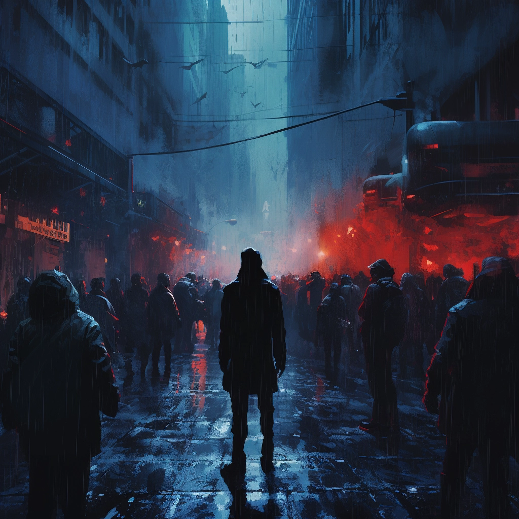 Man walking among people in darkness holding blue li