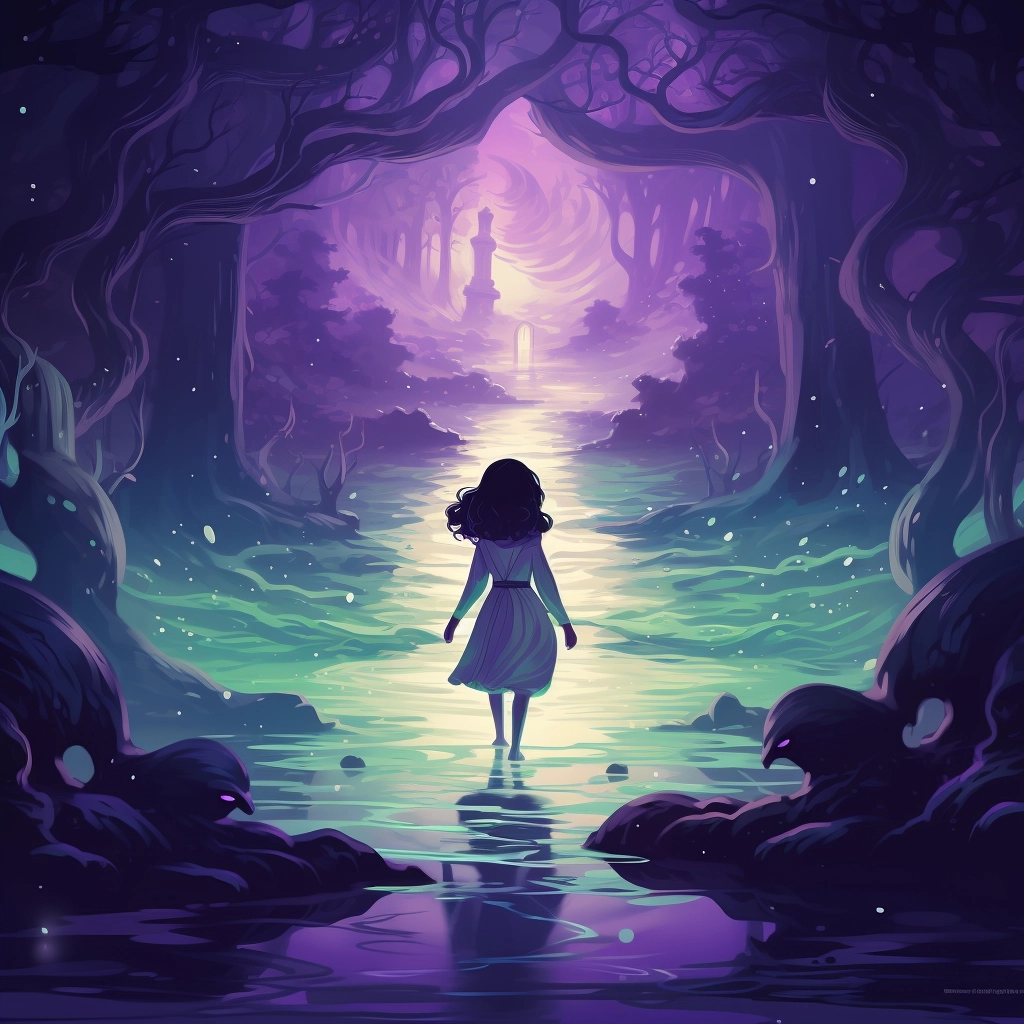 A character walking down a walkway with dark colors