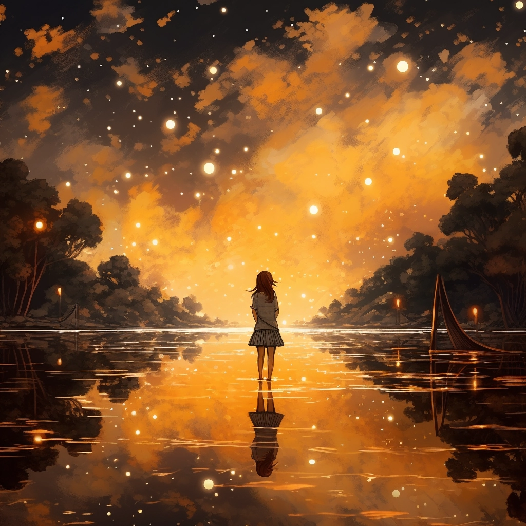 A girl standing at the edge of a lake with many star