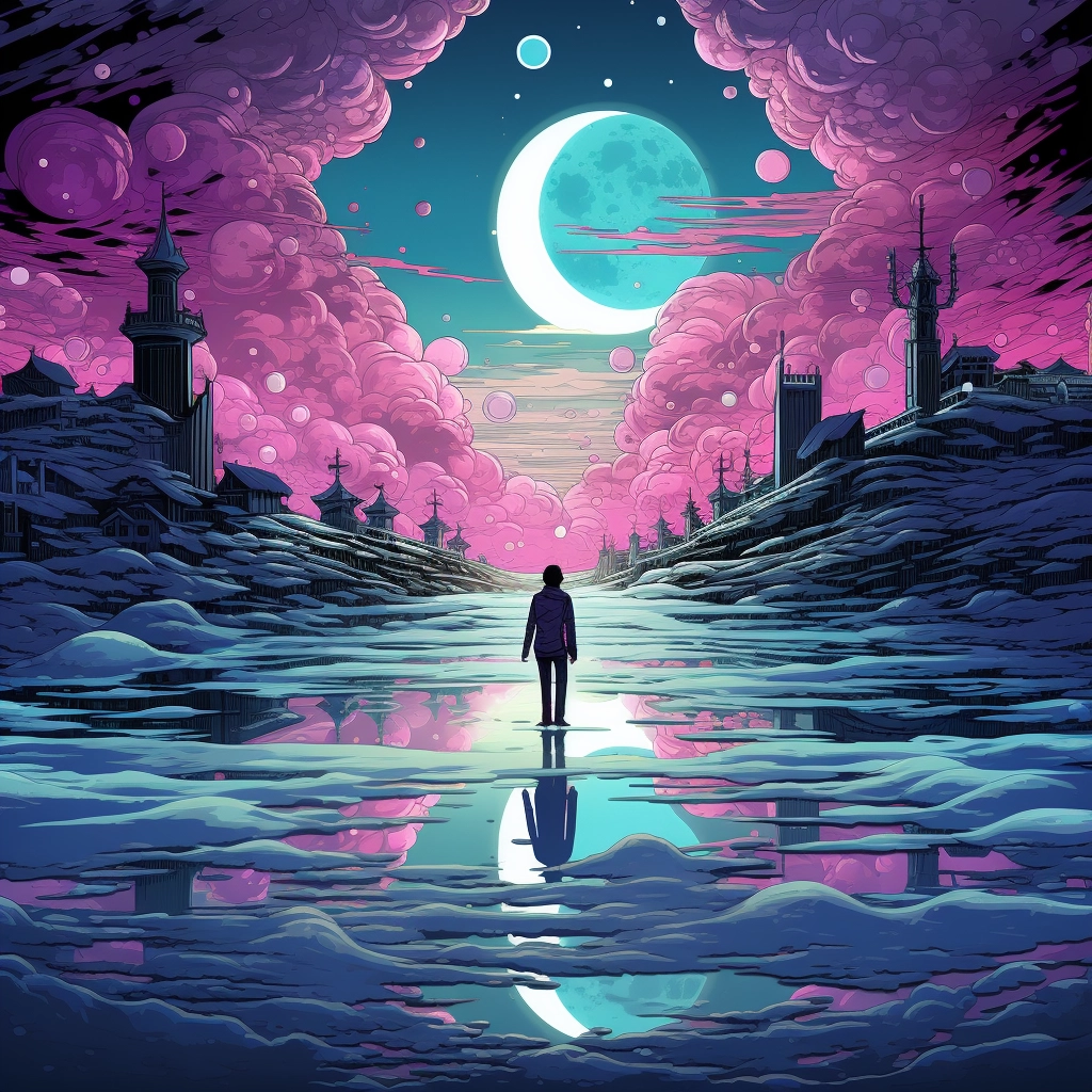 The sky is full of moon and a man is standing on a p