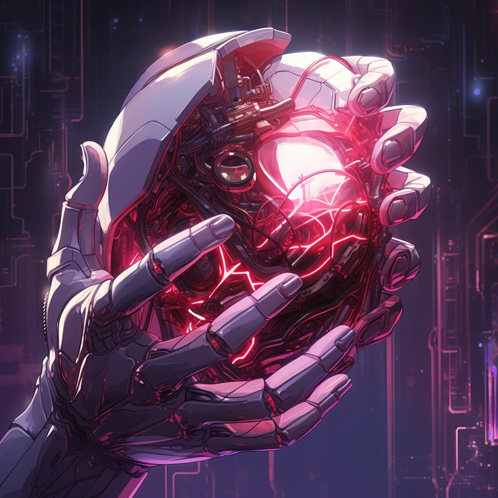 Synthetic heart being held in a robotic hand in the