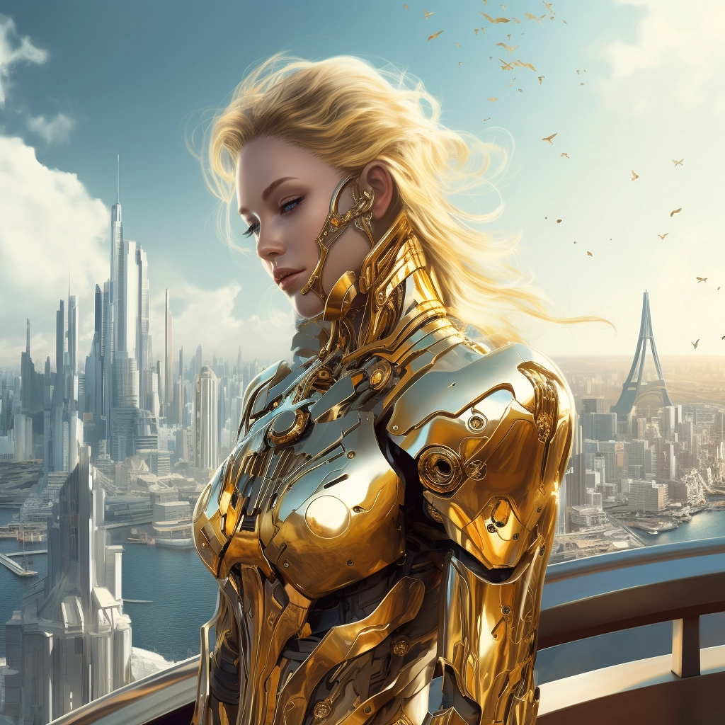 Golden armor and futuristic gear with skyline view w