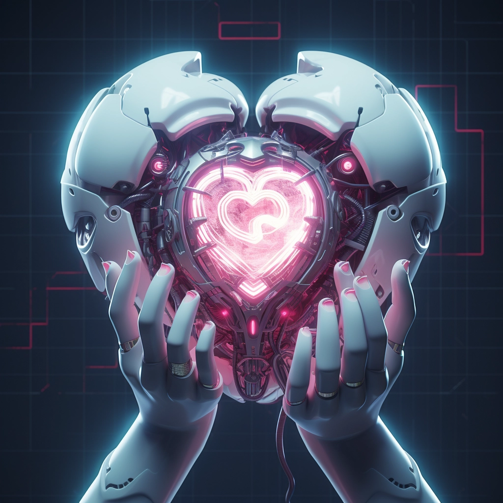 Synthetic heart being held in a robotic hand in the