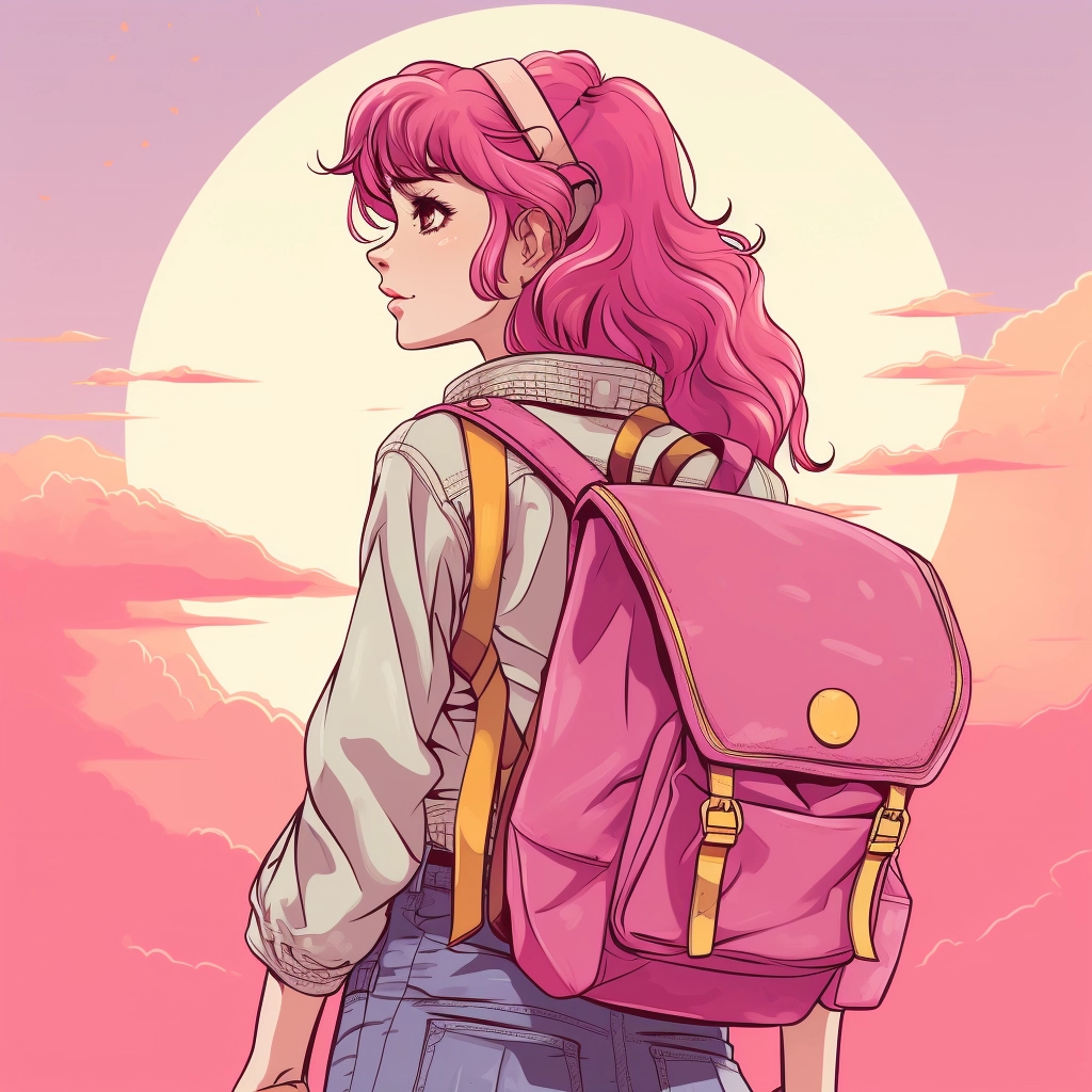 Anime girl in pink standing near her backpack in the