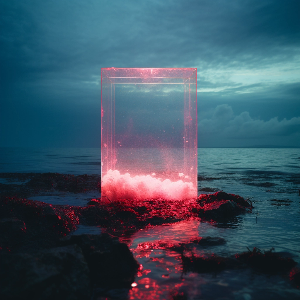 An underwater white sculpture with a frame and glowi