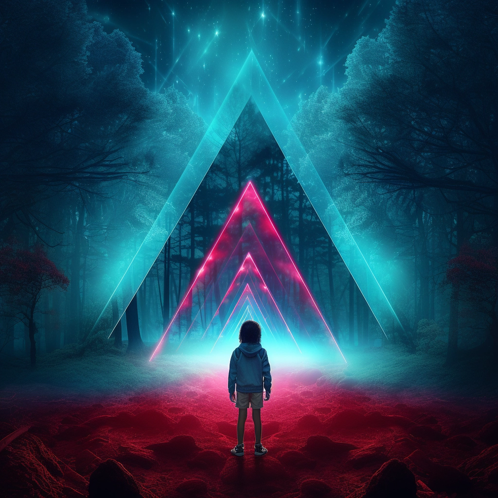 A little girl standing in a forest near a large glow