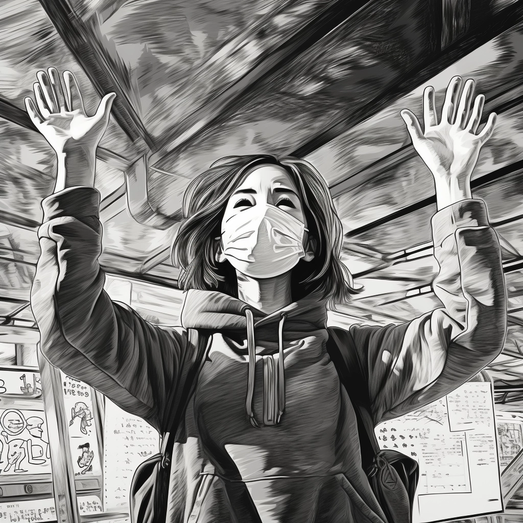 The girl is wearing a surgical mask with her hands i