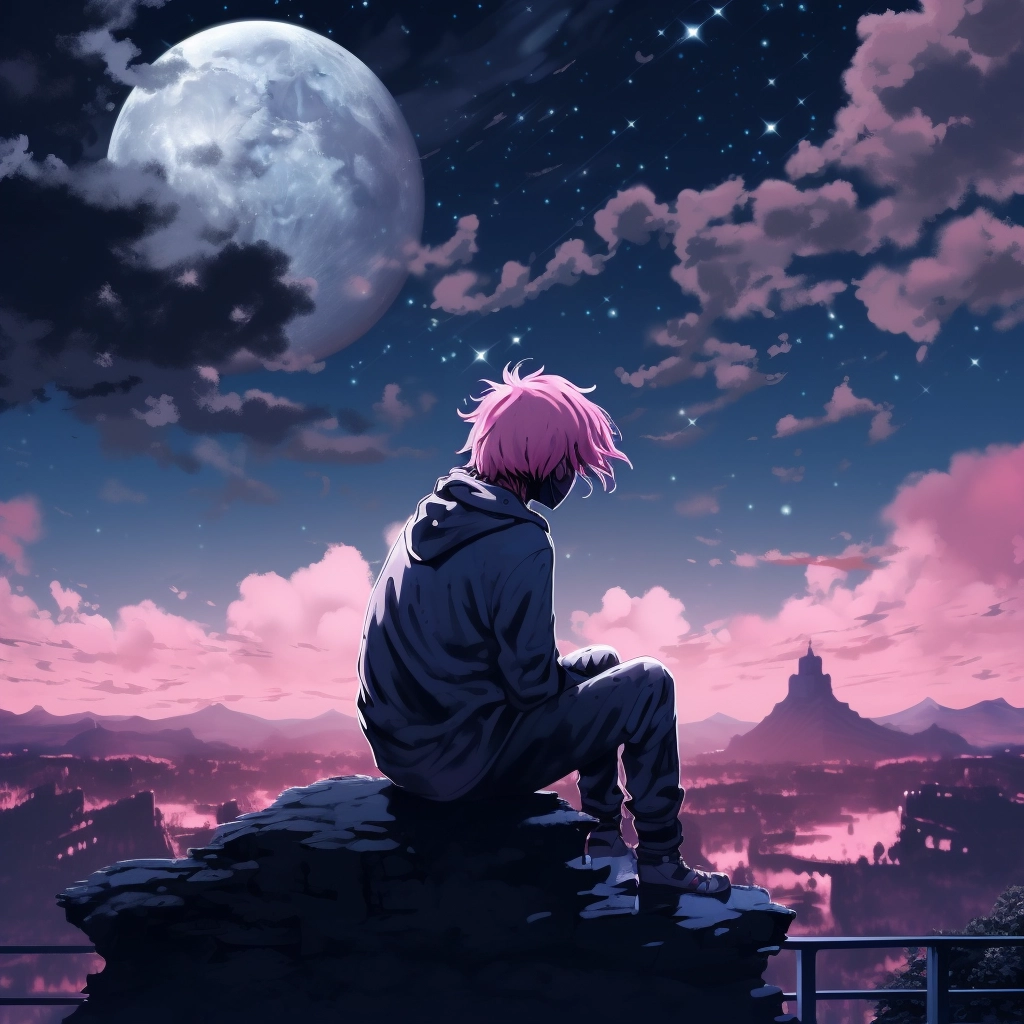 A boy sitting under the night sky with pink hair in