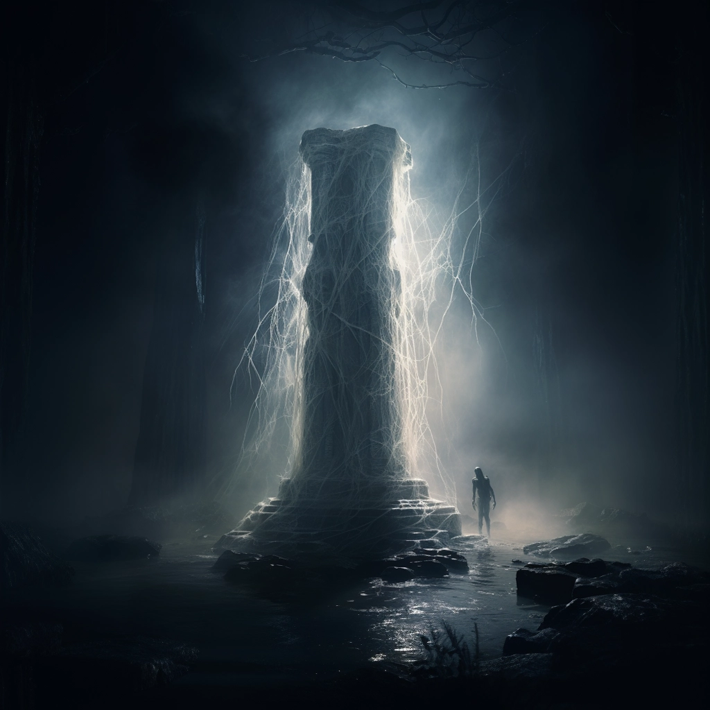 3d spiderwebs on a stone pillar in the style of ethe