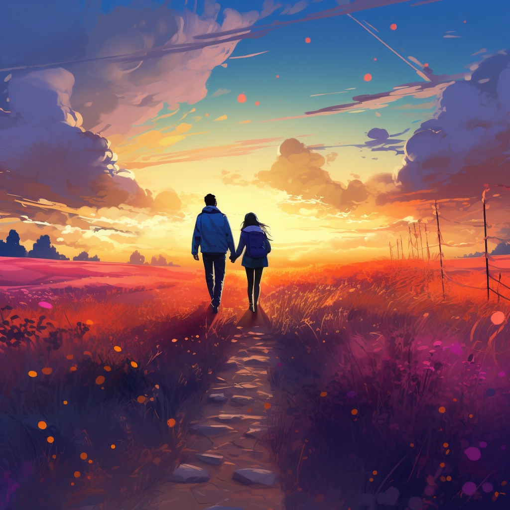 Two anime people walking at the end of a pathway in