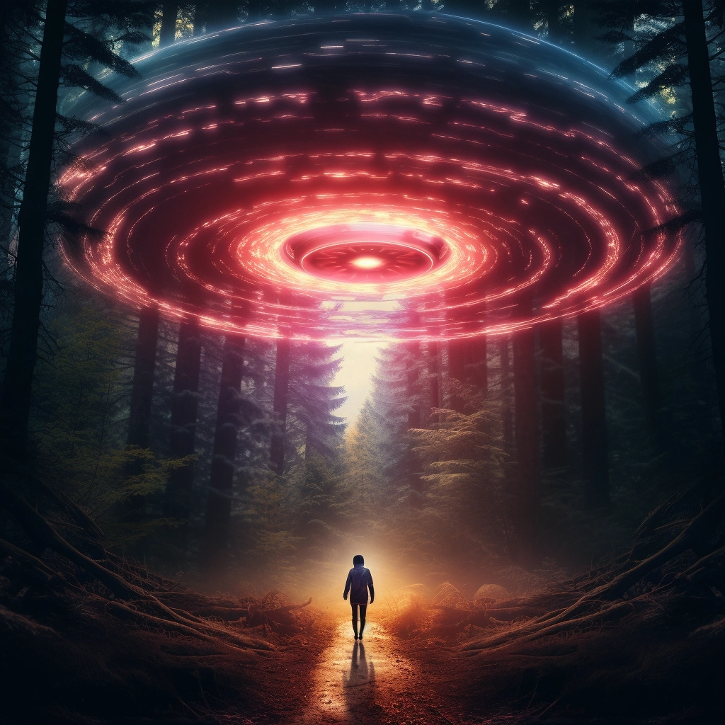 A woman walks through the woods with an alien in the