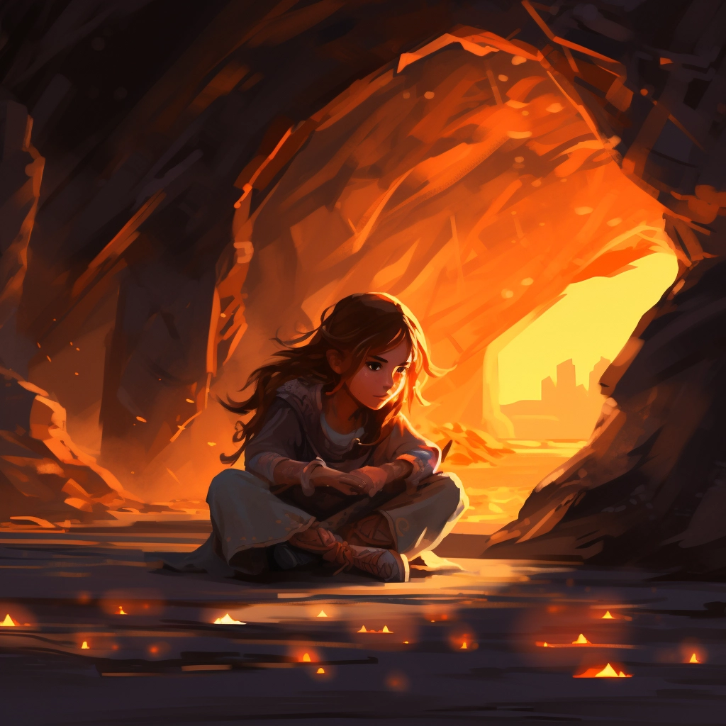 A character sitting on the ground next to a cave ful