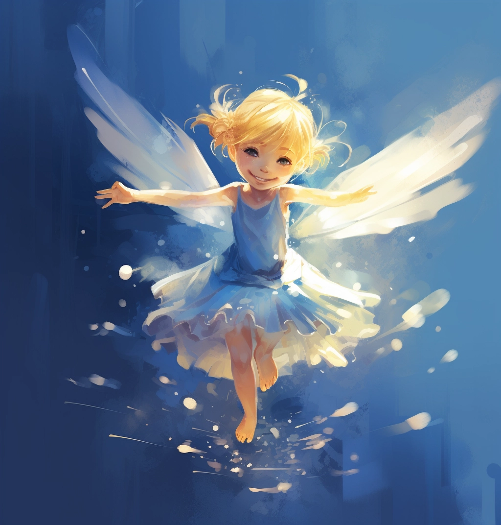 A blue fairy is flying in the air in the style of au