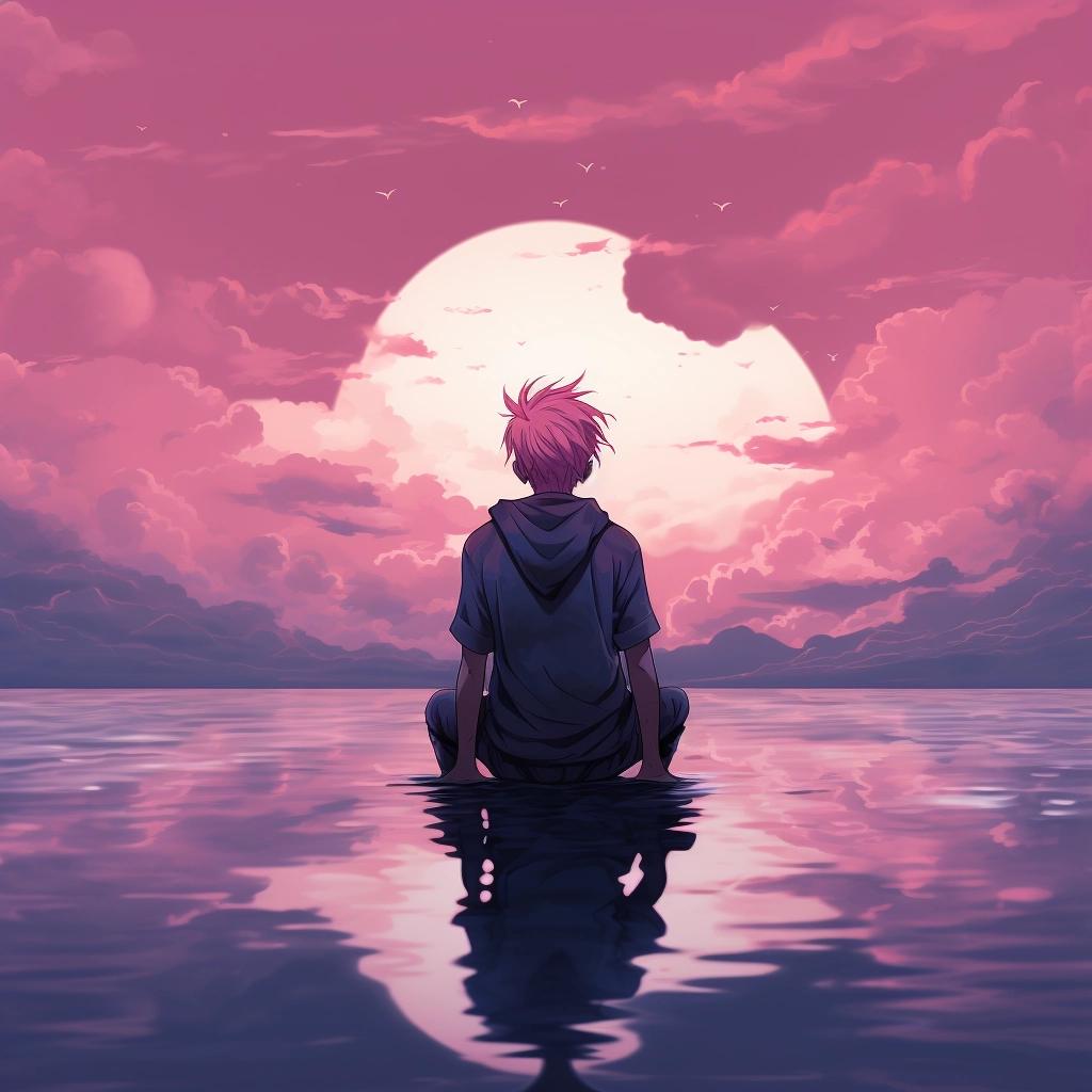 A boy with pink hair sitting in the water with the s